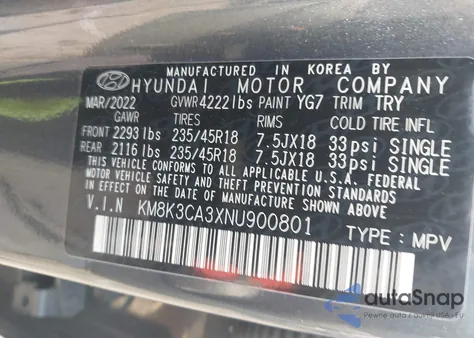 2022 Hyundai Kona N Line from USA, damaged, VIN KM8K3CA3XNU900801